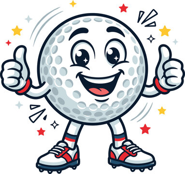 Cute Golf Ball Mascot Character Giving Thumbs Up Signs with Cheerful Smile and Stars for Sports Branding, Tournament Logos, and Kids App Graphics