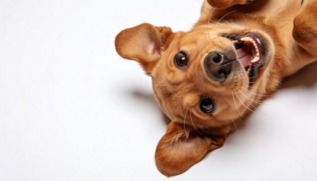 Playful brown puppy lying upside down on white background, cute happy pet portrait with copy space and joyful dog expression.