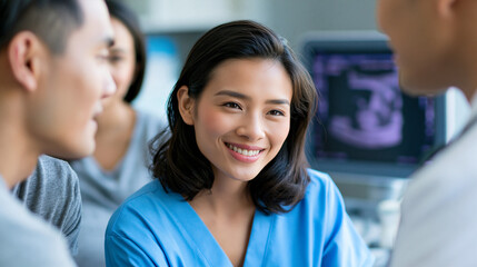Fototapeta premium Anonymous Asian obstetrician conducting a prenatal ultrasound for a smiling expectant mother while her husband observes, fetal development explanation in a modern hospital