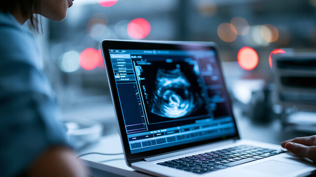 Early pregnancy ultrasound with a developing embryo visible on screen, first trimester prenatal diagnostics and maternal health concept, defocused, with copy space