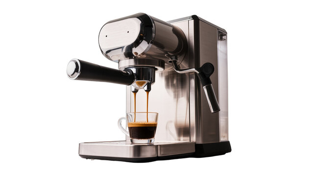 Isolated modern stainless steel espresso machine brewing fresh aromatic coffee into a glass cup
