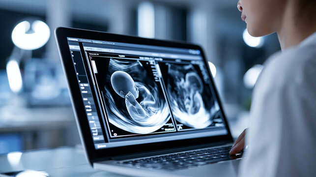 Black and white 3D ultrasound scan image of twin fetuses in the womb, medical diagnostic and prenatal development concept, defocused clinical background, with copy space