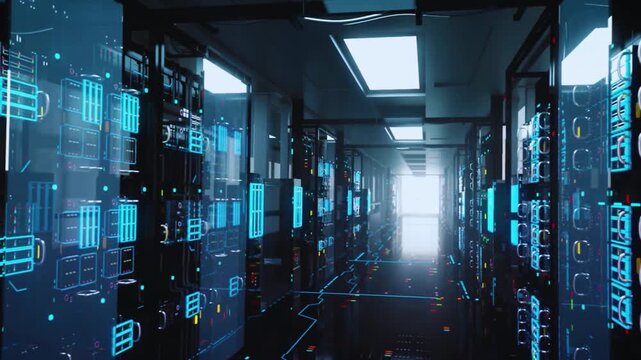 Modern data center server room with glowing blue network infrastructure and rack cabinets technology computing internet cloud storage technology computing internet cloud storage
