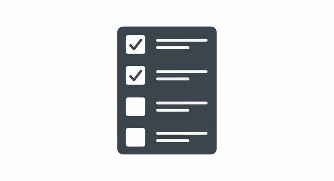 Dark grey clipboard icon with four checklist items, two completed