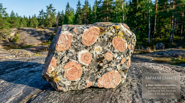 Rapakivi Granite Specimen Wiborg Batholith Finland Ultra Realistic Geological RAW Photograph Ovoid