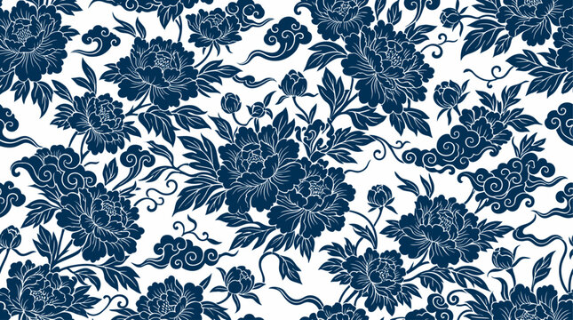 A repeating seamless pattern of navy blue peonies and stylized swirling clouds on a stark white background