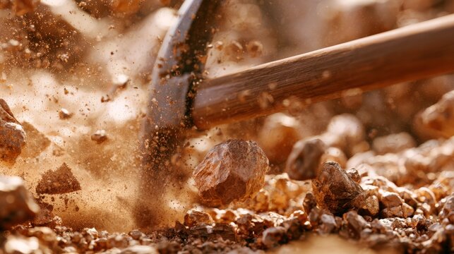 Mining tools break rocks at a construction site in the afternoon light during a busy workday