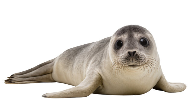 Isolated adorable grey harbor seal pup lying on its stomach looking directly at the camera