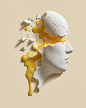 Cracked white human face mask with flowing yellow egg yolk on beige background, concept for emotional fragility
