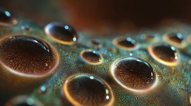Wallpaper background of iridescent liquid droplets on shimmering metallic surface in macro close up