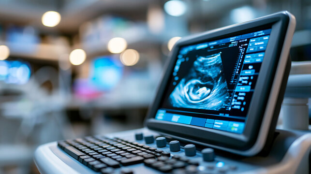 Medical technology fetal ultrasound monitor showing an early embryo image with a warm caring tone, prenatal diagnostics and maternal health concept, defocused background, with