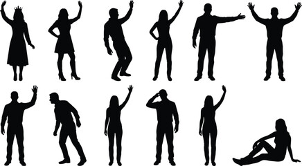 Set of diverse people silhouettes waving hands greeting standing and sitting in casual clothes isolated on white background © Mahsina