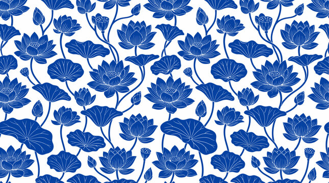 A seamless repeating pattern featuring blue lotus flowers large lily pads and slender stems set against a solid white background