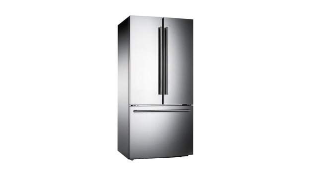 Isolated modern stainless steel French door refrigerator with bottom freezer drawer appliance
