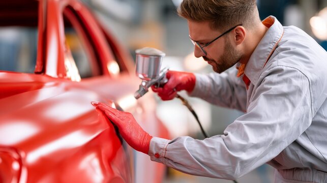 Worker sprays car with red paint in auto body shop during daytime work hours