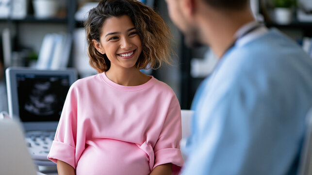 Anonymous pregnant woman smiling during an ultrasound session with a doctor in a medical office, positive prenatal care experience concept, faceless, defocused, with copy space