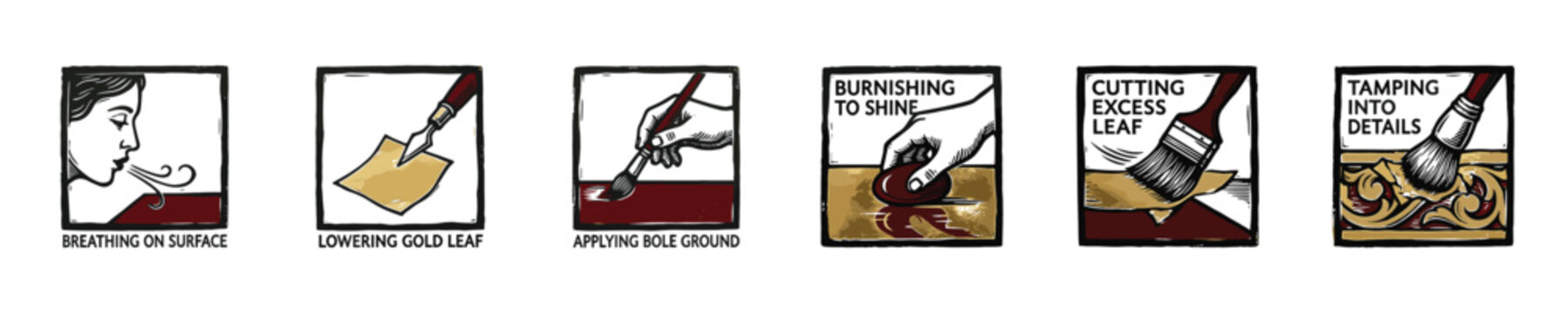 Step-by-step illustration of gold leaf application process for decorative arts