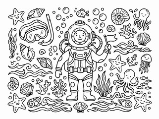 Naklejka premium Diver character doodle set