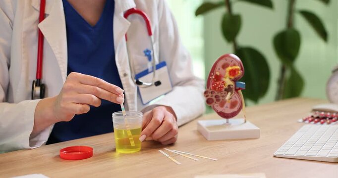 Female doctor puts dipstick into urine sample by kidney model at appointment. Woman assistant conducts patient medical tests in clinic slow motion