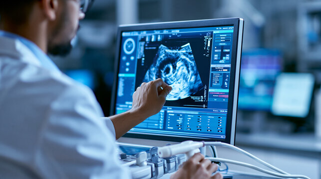 Anonymous radiologist measuring fetal crown-rump length on a first trimester ultrasound image on a clinical workstation monitor, obstetric biometry concept, faceless, defocused,