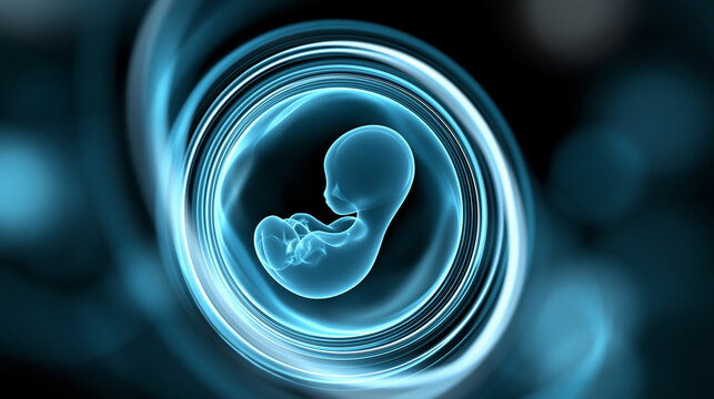 Abstract artistic visualization of a fetal silhouette glowing inside an ultrasound-style circular frame, prenatal life and parenthood concept, defocused background, with copy space
