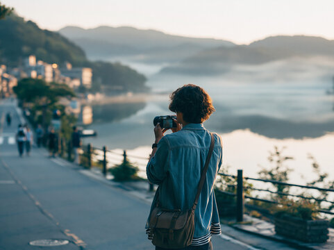 Cinematic over-the-shoulder shot of a young man standing by a calm, glassy lake or quiet street corner during an early summer morning in Japan. He is gently holding a digital camera, taking a quiet mo