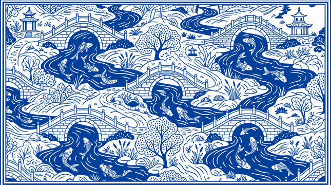 Blue and white illustration of arched stone bridges over winding rivers with koi fish and pagoda structures