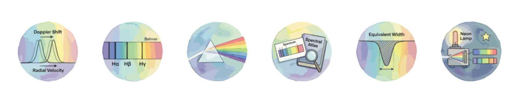 Astronomy concepts illustrated with spectral analysis and Doppler shift diagrams