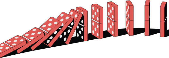 Stylized domino effect sequence showing cascading red tiles falling diagonally with progression from upright to fallen positions against black background © FORIDUL