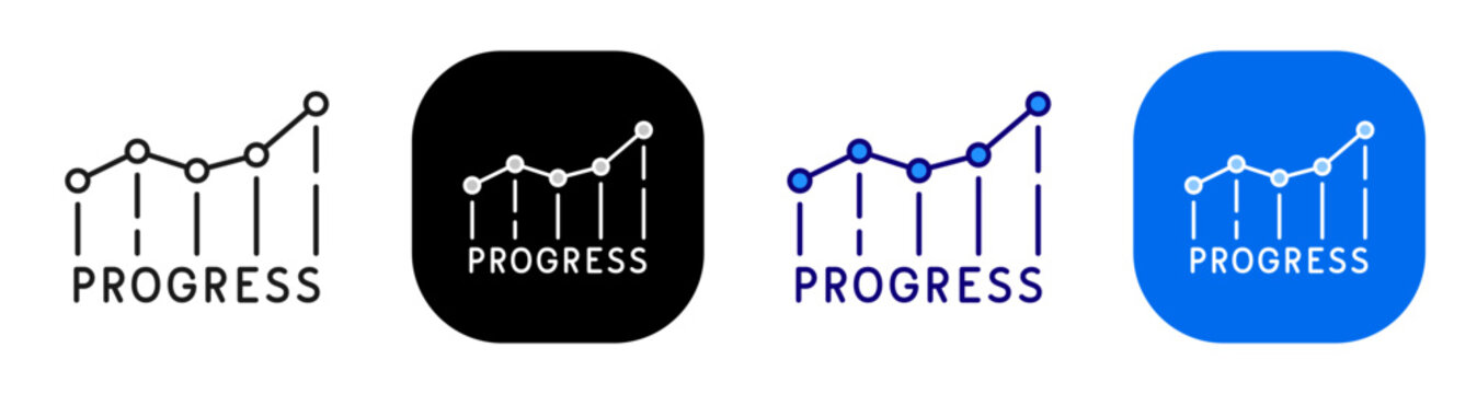 Progress trend chart with label for tracking achievement and performance status. Line, filled, black, color set. Editable stroke