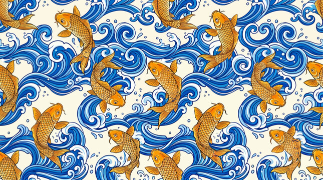 Seamless pattern of golden koi fish swimming through blue stylized waves on an offwhite background