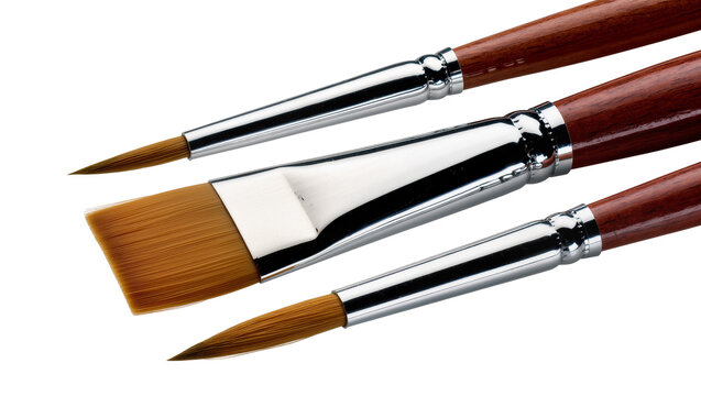 Isolated set of three various artist paintbrushes with wooden handles and silver ferrules