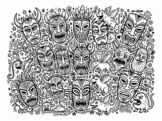 Obraz premium Tribal masks and monster doodle illustrations