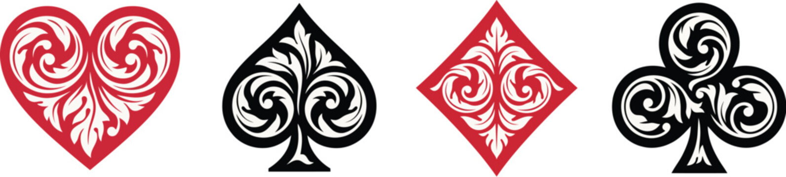 Playing card suits set, decorative heart spade diamond club symbols vector artwork casino design elements package