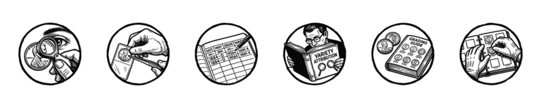 Coin collecting activities illustrated with six circular icons