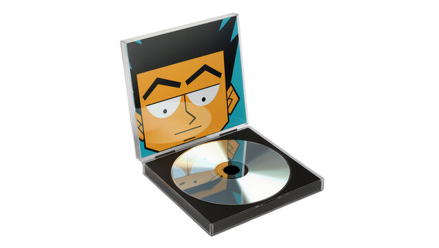 Isolated open CD jewel case with vibrant cartoon character album art and shiny blank compact disc