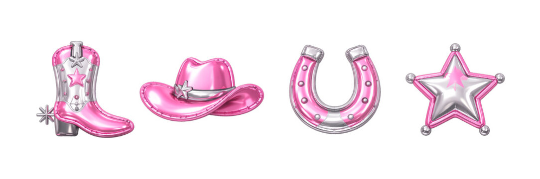 Western shiny pink and silver metallic foil balloon icon set with cowgirl boot, cowboy hat, horseshoe and star isolated on transparent background