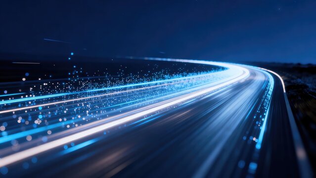High speed data transmission highway with glowing digital light trails and particle streams representing network connectivity cloud computing and future communication technology