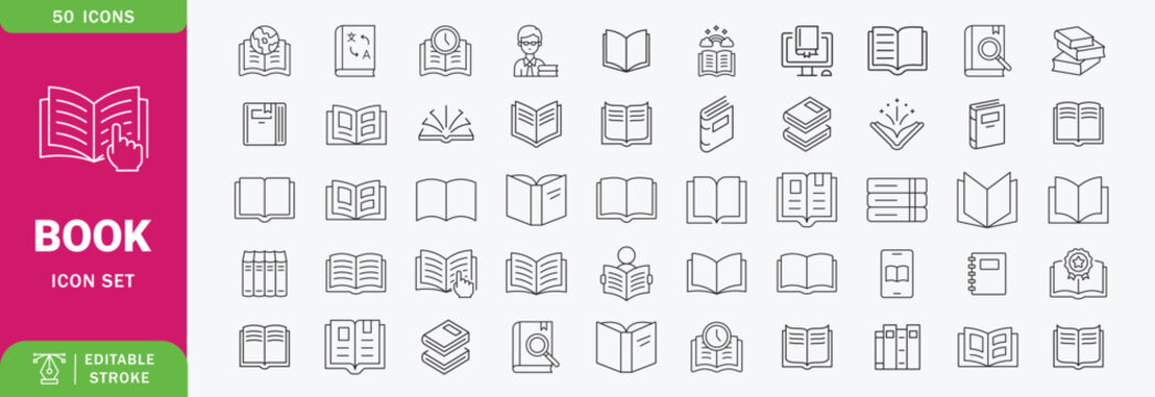 Book vector Icon Set. Reading, Education, Library, Knowledge, Textbook, Learning, Literature, Diary, Ebook, Bookstore. Editable Vector Illustration.