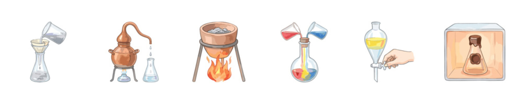Collection of scientific laboratory experiments and chemical processes illustrated
