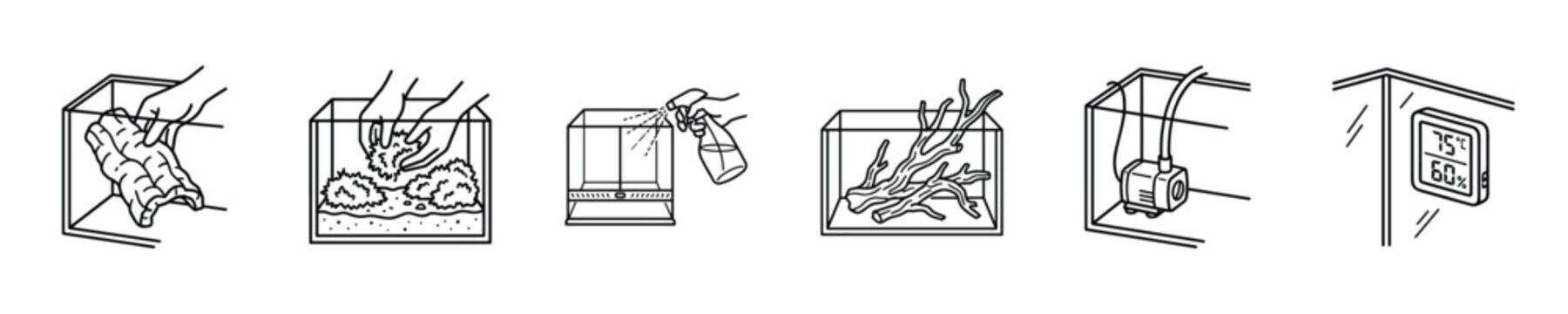 Aquarium setup and maintenance steps illustrated with line art icons