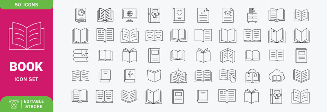 Book vector Icon Set. Reading, Education, Library, Knowledge, Textbook, Learning, Literature, Diary, Ebook, Bookstore. Editable Vector Illustration.