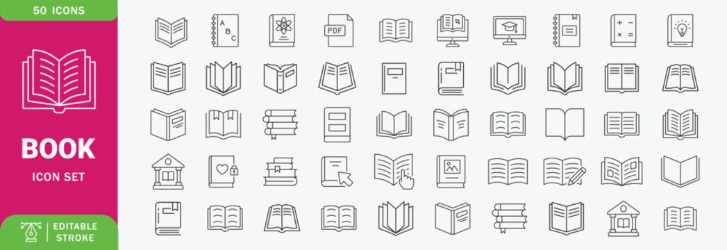 Book vector Icon Set. Reading, Education, Library, Knowledge, Textbook, Learning, Literature, Diary, Ebook, Bookstore. Editable Vector Illustration.