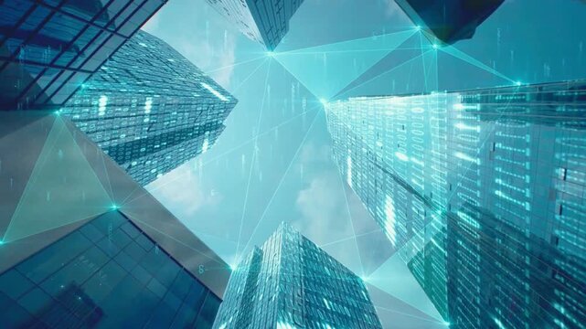 Modern corporate skyscrapers with glowing digital data streams architecture city buildings technology business architecture city buildings technology business