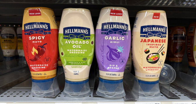 Hellmann's specialty mayo mayonnaise dips and dressings display. Spicy, Avocado, Garlic Aioli, and Japanese Inspired sauces.