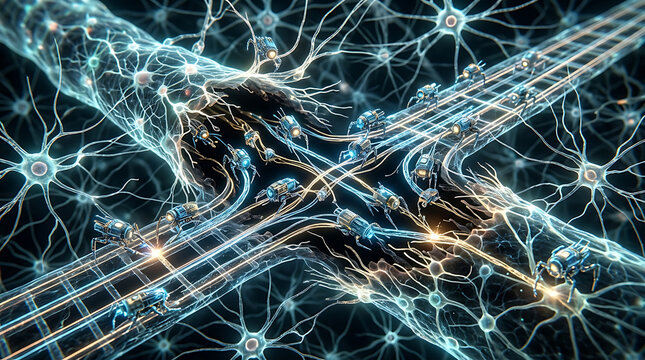 Microscopic nanorobots rebuilding neural network connections in futuristic digital brain scan