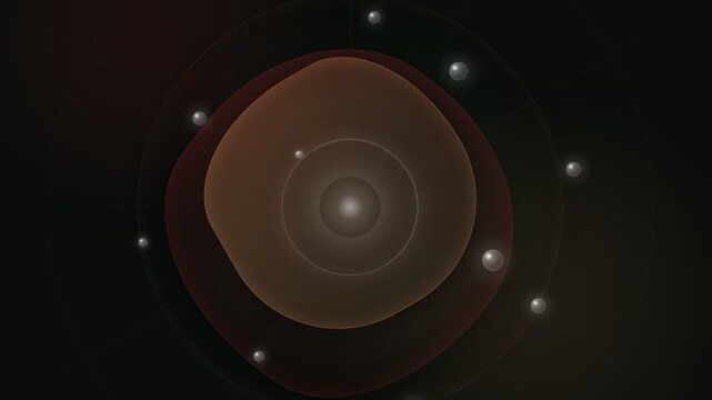 Abstract animation of a glowing sphere with concentric rings and small orbiting lights against a dark background representing a celestial body or a microscopic organism.