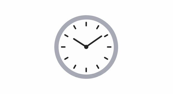Simple illustration of a round analog clock with black hands and markers on a white face