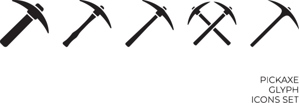 Pickaxe glyph icons set vector illustration for mining, construction, and industrial design concepts