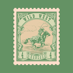 Obraz premium Vintage Wild West Cowboy Rodeo Postage Stamp Vector - Kansas